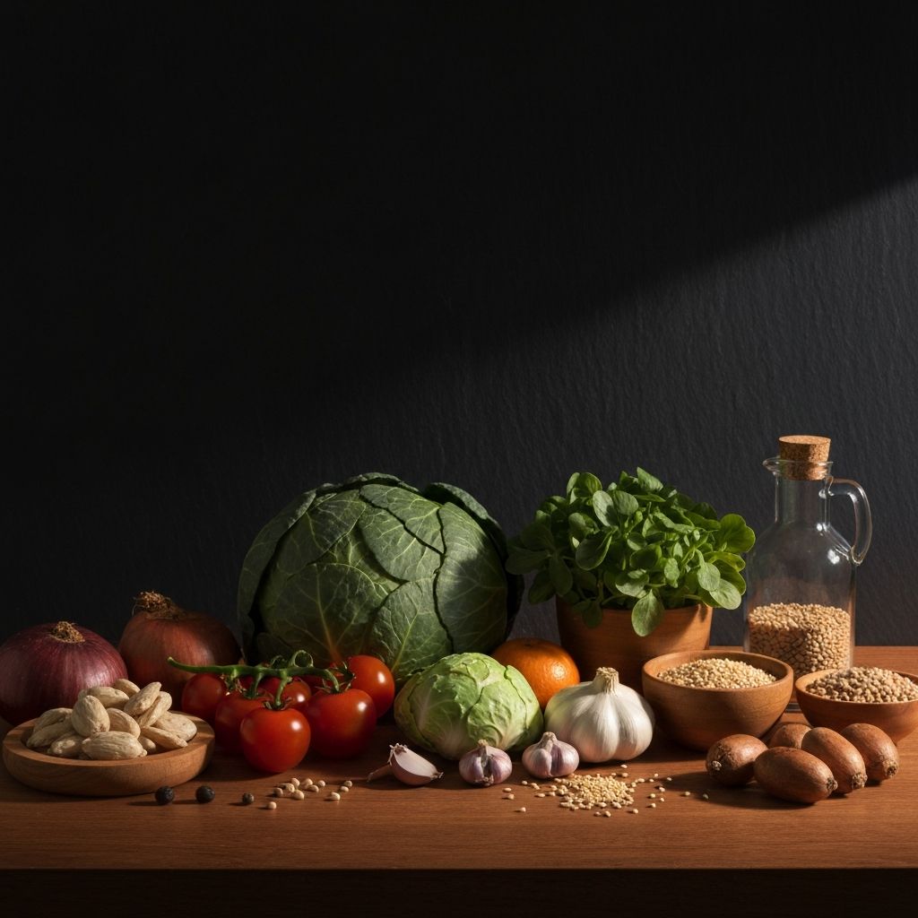 Fresh whole foods arranged on wooden surface with natural morning light
